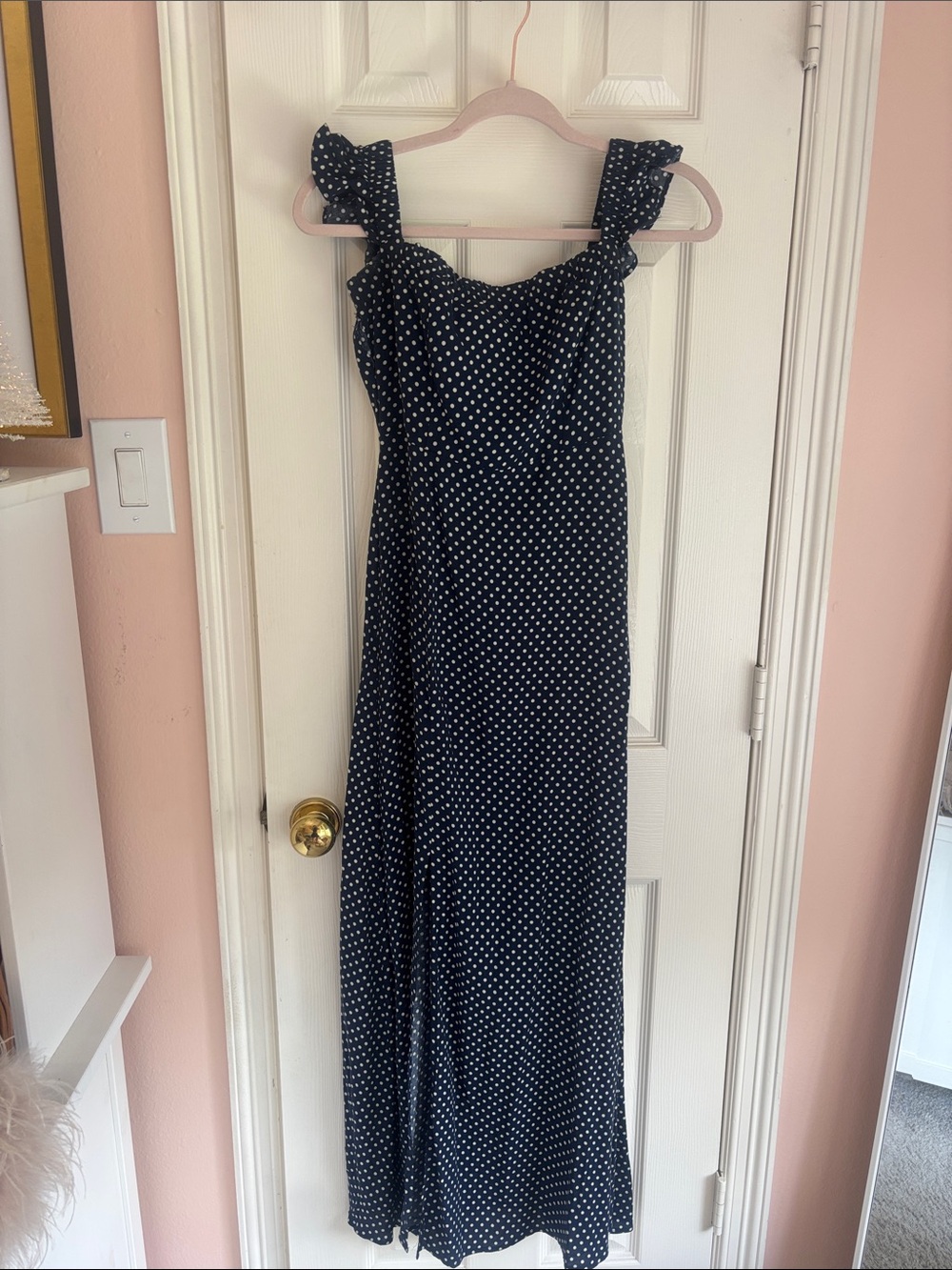 Lulus Navy Polka Dot Ruffle Strap Maxi Dressi